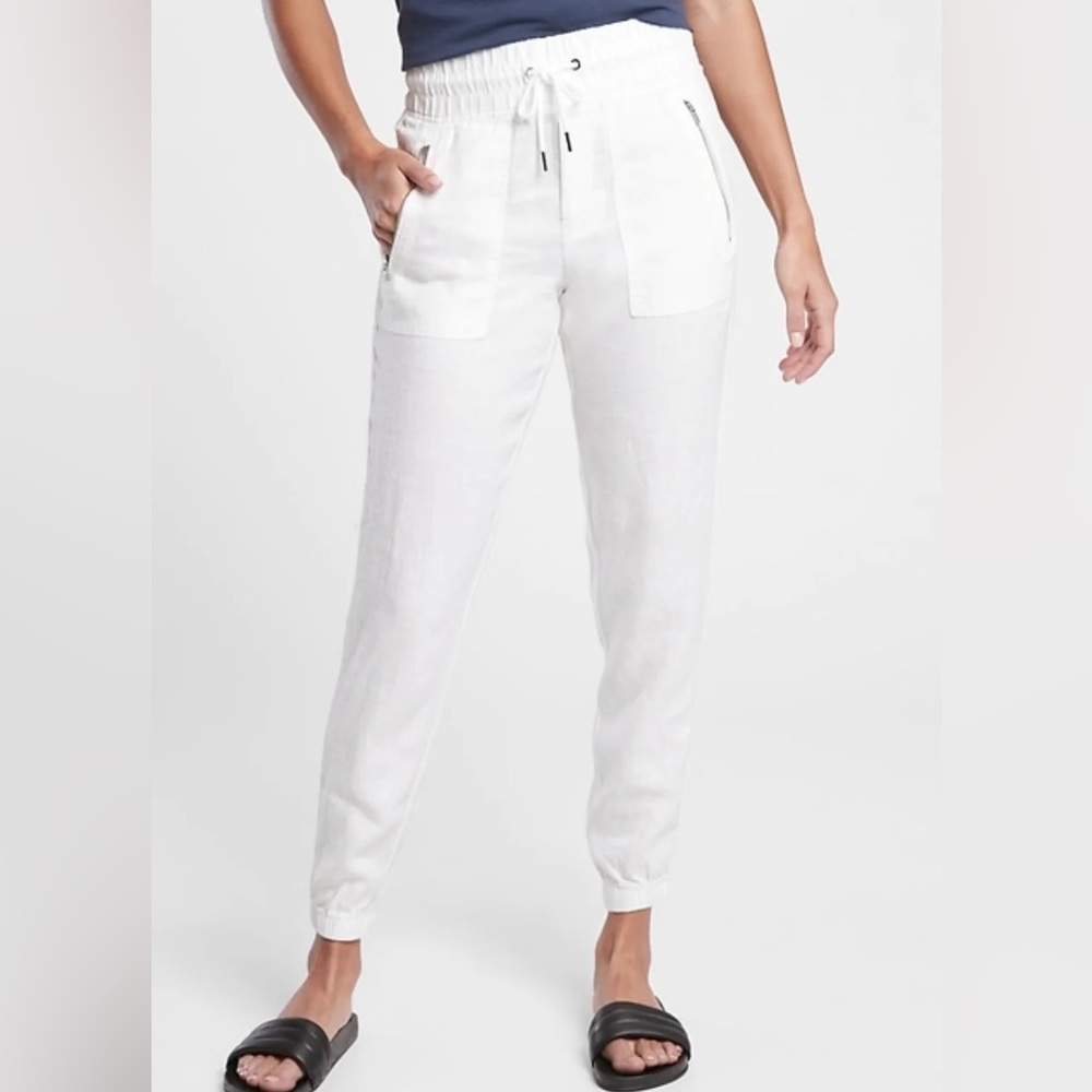 Athleta Cabo Linen Jogger Pant White Silver Pull-On Drawstring US 4